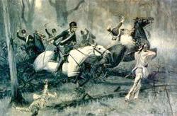 'Charge of the Dragoons at Fallen Timbers,' painted by R. T. Zogbaum, ca. 1895. The painting illustrates General Anthony Wayne's campaign against the Ohio Indians in 1794.